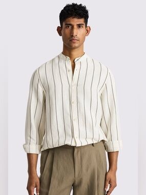 Moss Bros Cotton Linen Neutral Woven Stripe Shirt M Size preppy minimalist chic